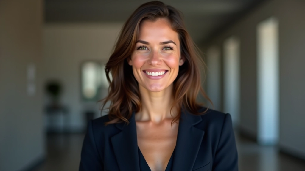 Portrait professionnel d'une designer UI/UX spécialisée dans les micro-interactions, femme en blazer, bureau moderne